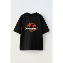 Youwinner Noınternet Tasarım Baskılı Pamuk Sıyah Oversize T-Shirt