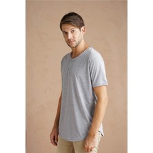 Tarz Cool Erkek Gri Oval Etek Geniş Yaka %100 Pamuk Kısa Kollu Tişört