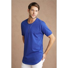 Tarz Cool Erkek Mavi Oval Etek Geniş Yaka %100 Pamuk Kısa Kollu Tişört