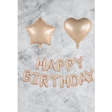 Bal10 Dünyası Kum Beji Happy Bırthday Kalp Yıldız Folyo Balon Seti