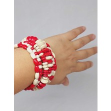 Yaşam Tohumu Ahşap Kırmızı ve Beyaz Renk Hafızalı Otantik Bileklik (51972)