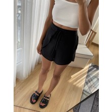 Myrum Butik Siyah Keten Dokulu Ön Bağlamalı Şort S