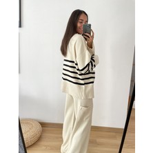 Myrum Butik Ekru Çizgili Oversize Hırka Standart