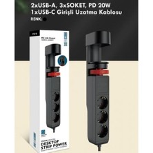 The Wlue 3'lü Akım Korumalı Priz Çoğaltıcı 20W Ofis Bilgisayar Masası Için Priz 2x USB 1x Type-C 2 Metre