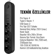 The Wlue Çoklu 4lü Priz Akım Korumalı 2m Uzatma Kablosu Anahtarlı Çocuk Korumalı 2xusb 1x Type-C 2500 Watt