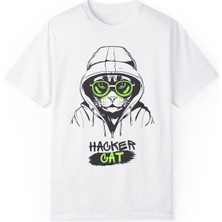 Young Fit Hacker Cat Baskılı Pamuklu Oversize Tişört