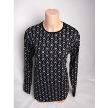 Yaşar Triko Kadın Siyah Desenli Bisiklet Yaka Uzun Kollu Yanları Yırtmaçlı Yazlık Viskon Anne Penye Tişört Bluz