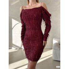 Mafdress Bordo Ince Askılı Astarlı Pul Payet Mini Abiye Elbise