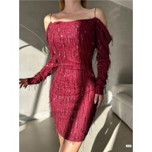 Mafdress Bordo Ince Askılı Astarlı Pul Payet Mini Abiye Elbise