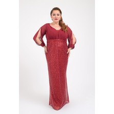 Lilas Xxl Büyük Beden Bordo Renkli Payetli Uzun Abiye
