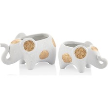Setabianca 2li Beyaz Altın Fil  Figürlü Sukulent Vazo Set 9x15x8 10x18x10 cm