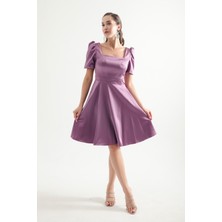 Lafaba Kadın Lavanta Balon Kol Kloş Kesim Mini Saten Abiye Elbise