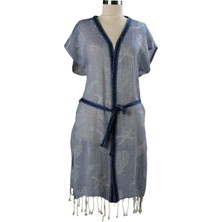 Dosimira Mavi Desenli Pamuklu Plaj Elbisesi Kimono