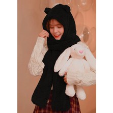 Kaşıkbey Beanie Kapşonlu Peluş Bere Atkı Kadın Welsoft Polar Boyunluk Şalı Rüzgar Geçirmez Şık Kulaklı Şapka