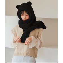 Kaşıkbey Beanie Kapşonlu Peluş Bere Atkı Kadın Welsoft Polar Boyunluk Şalı Rüzgar Geçirmez Şık Kulaklı Şapka