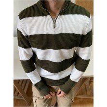 Cool Tarz Haki-Beyaz Fermuarlı Çizgili Desenli Triko Kazak