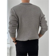 Tarz Cool Koyu Gri Erkek Polo Yaka Fitilli Triko Kazak