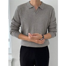 Tarz Cool Koyu Gri Erkek Polo Yaka Fitilli Triko Kazak