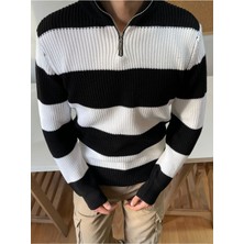 Cool Tarz Siyah-Beyaz Fermuarlı Çizgili Desenli Triko Kazak