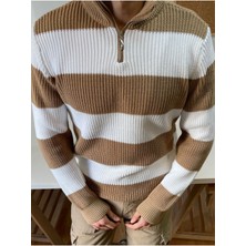 Cool Tarz Vizon-Beyaz Fermuarlı Çizgili Desenli Triko Kazak