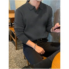 Tarz Cool Füme Erkek Polo Yaka Fitilli Triko Kazak