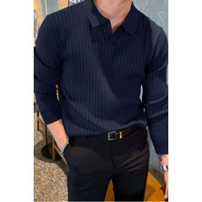 Tarz Cool Lacivert Erkek Polo Yaka Fitilli Triko Kazak