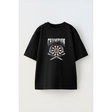 Youwinner Champıon Dart Tasarım Baskılı Pamuk Sıyah Oversize T-Shirt