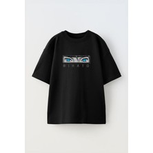 Youwinner Mınato Eyes Tasarım Baskılı Pamuk Sıyah Oversize T-Shirt