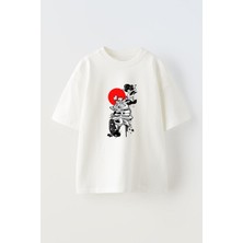 Youwinner Japon Kadın ve Balıktasarım Baskılı Pamuk Beyaz Oversize T-Shirt