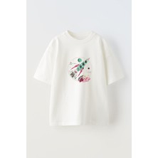 Youwinner Uzaydaki Roket Tasarım Baskılı Pamuk Beyaz Oversize T-Shirt