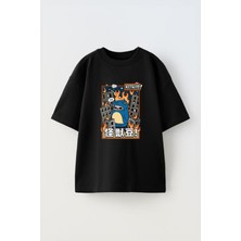 Youwinner Sehiri Yakanan Dinazor Tasarım Baskılı Pamuk Sıyah Oversize T-Shirt