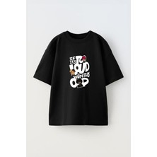 Youwinner To Loud Tasarım Baskılı Pamuk Sıyah Oversize T-Shirt