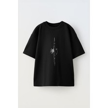 Youwinner Ok Ay ve Güneş Tasarım Baskılı Pamuk Sıyah Oversize T-Shirt
