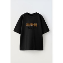 Youwinner Üc Ayı Tasarım Baskılı Pamuk Sıyah Oversize T-Shirt