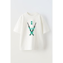 Youwinner Yesil Alevlı Katana Kılıcı Tasarım Baskılı Pamuk Beyaz Oversize T-Shirt