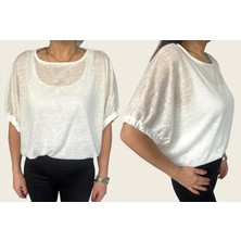 Dgk Collection Keten Görünümlü Örme Kumaş Kadın  Beyaz  Oversize ve Basic 2'li  T-Shirt