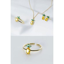 Papatya Silver 14K Altın Kadın Kolye Yüzük Küpe Takı Seti Küçük Sevimli Ananas Kolye UVPTSA1400