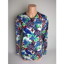 Yaşar Triko Kadın Beyaz Mavi V Yaka Uzun Kollu Yanları Yırtmaçlı Yazlık Viskon Likralı Anne Penye Tişört Bluz