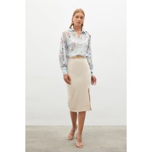 Sateen Zincir Detaylı Kalem Etek - Bej