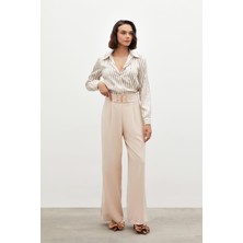 Sateen Bel Aksesuarlı Bol Paça Pantolon - Bej
