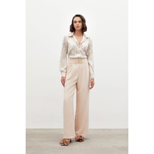 Sateen Bel Aksesuarlı Bol Paça Pantolon - Bej