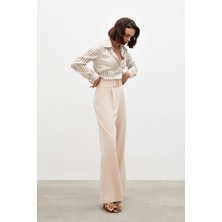 Sateen Bel Aksesuarlı Bol Paça Pantolon - Bej