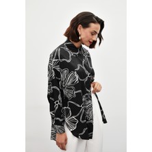 Sateen Desenli Uzun Gömlek - Siyah