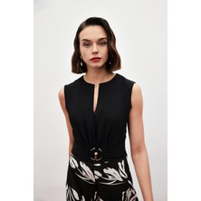 Sateen Toka Detaylı Kolsuz Bluz - Siyah