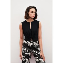 Sateen Toka Detaylı Kolsuz Bluz - Siyah