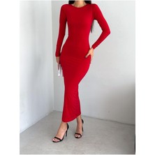 Wear And Wear Kadın Kırmızı Vücuda Oturan Esnek Uzun Kollu Maxi Uzun Kylie Elbise Günlük Basic Uzun Elbise 6335