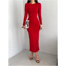 Wear And Wear Kadın Kırmızı Vücuda Oturan Esnek Uzun Kollu Maxi Uzun Kylie Elbise Günlük Basic Uzun Elbise 6335