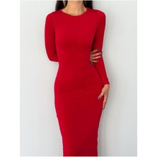 Wear And Wear Kadın Kırmızı Vücuda Oturan Esnek Uzun Kollu Maxi Uzun Kylie Elbise Günlük Basic Uzun Elbise 6335
