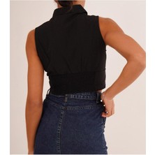 Wear And Wear Kadın Siyah Sıfır Kol Beli Gipe Lastikli Korseli Poplin Balenli Kolsuz Crop Gömlek