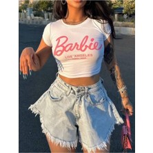 Wear And Wear Kadın Beyaz Barbie Baskılı Los Angeles Kısa Kollu Slim Fit Crop Tshirt